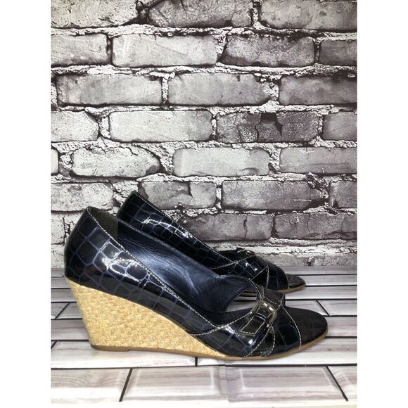 Brighton Riva Blue Croc Patent Leather Espadrille High Wedge Women Sz 9M US/40EU - Picture 3 of 16